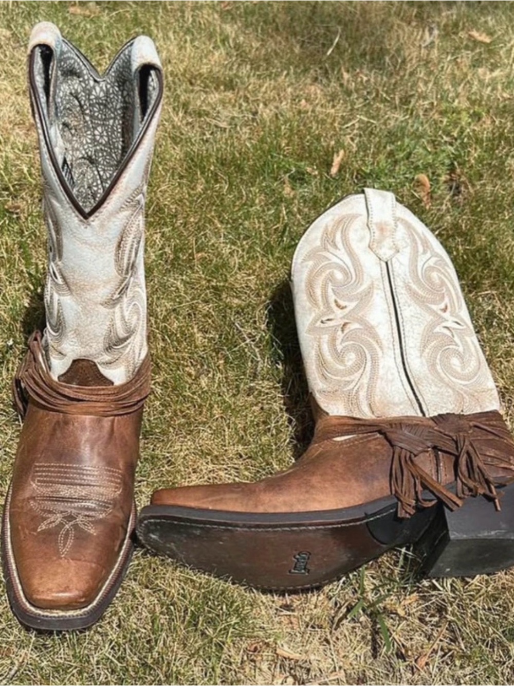 Laredo Brown Foot with Cream Embroidered Shaft Fringe Cowboy Boots
